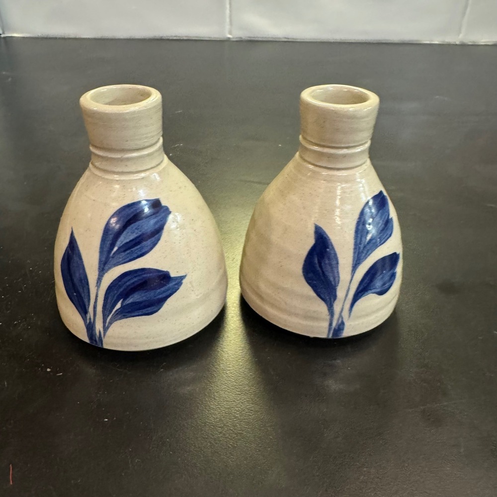 WPE Bud Vase Set 2 4in Cream Blue Hand Painted Leaf Stoneware 2001 B-16